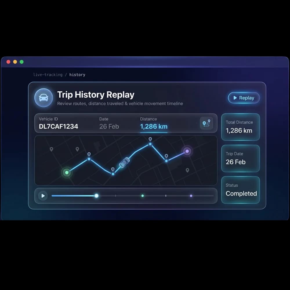 Trip history replay showing the route on a map, distance travelled and a playback timeline