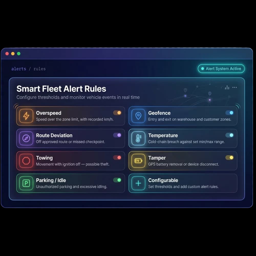 Alert rules panel with toggles for overspeed, geofence, route deviation, temperature, towing, tamper and idling