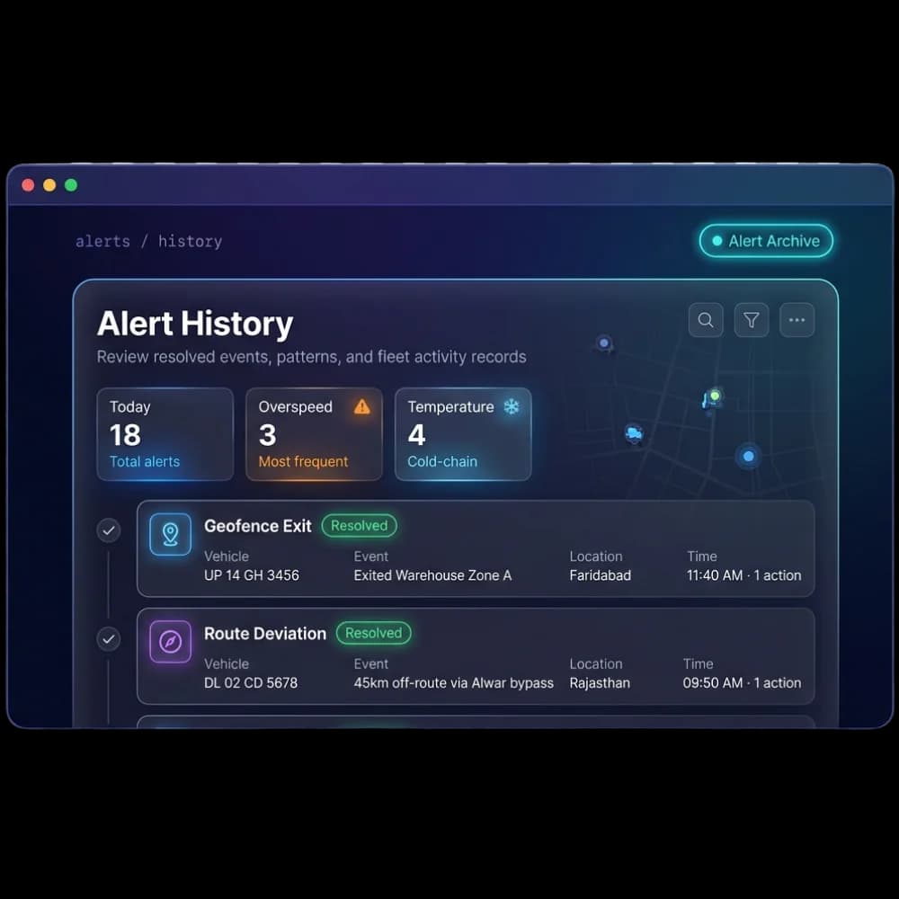 Alert history showing resolved geofence exit and route deviation events with vehicle, location and time