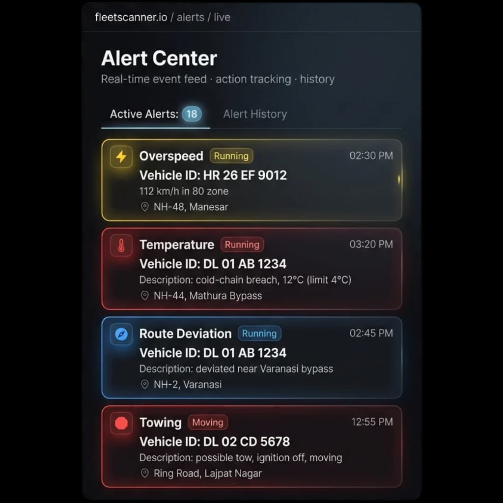 Alert center with live overspeed, cold-chain temperature, route deviation and towing alerts on Indian highways