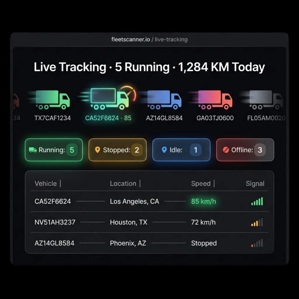GPS tracking software dashboard showing live tracking of 5 running vehicles with speed and signal