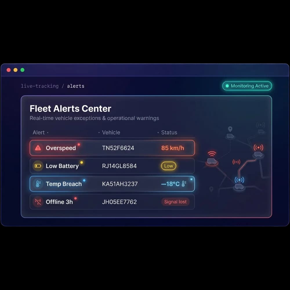 Fleet alerts center listing overspeed, low battery, temperature breach and offline alerts by vehicle