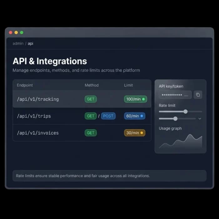 API and integrations screen listing tracking, trips and invoices endpoints with an API key and rate limits