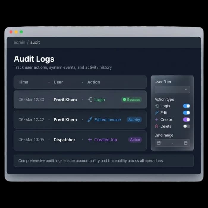 Audit log listing user logins, invoice edits and trip creation with timestamps and user filters