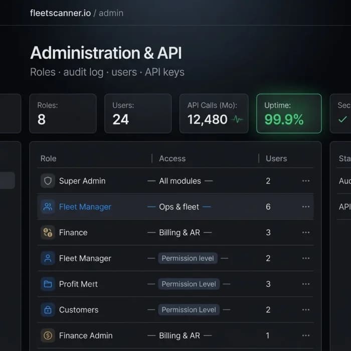 Fleet administration software dashboard showing roles, users, monthly API calls and access levels per role
