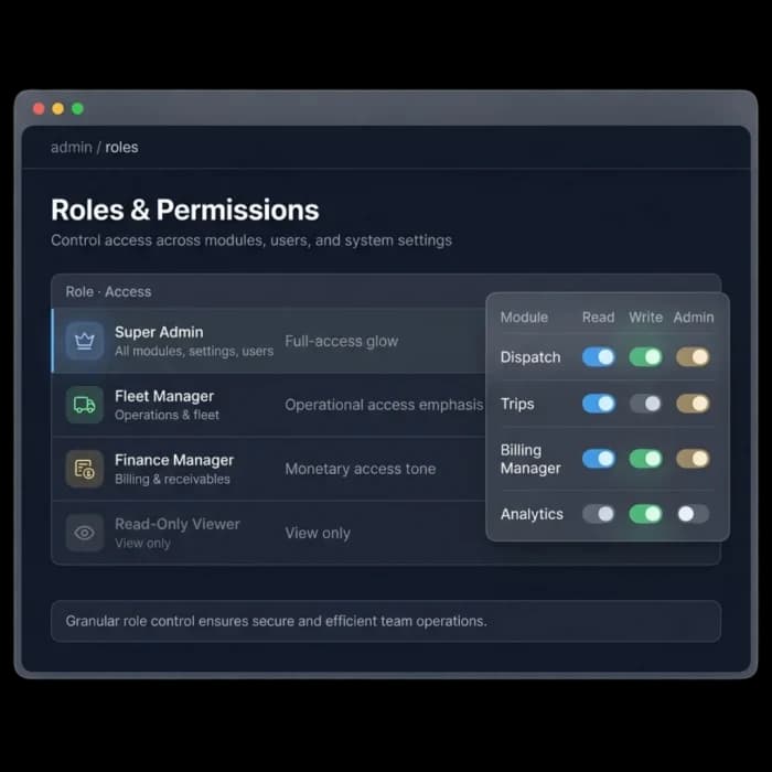 Roles and permissions screen with read, write and admin toggles per module for each role