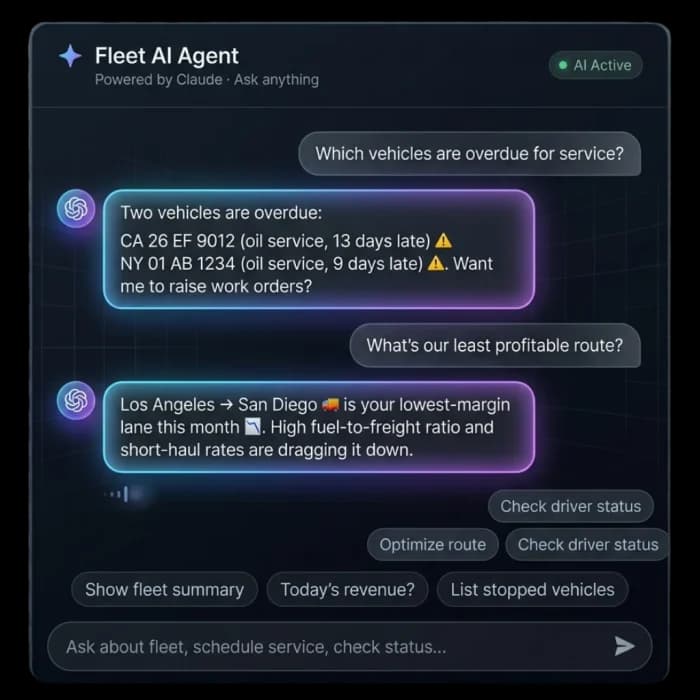 Fleet AI agent software chat answering questions about overdue vehicle services and the least profitable route