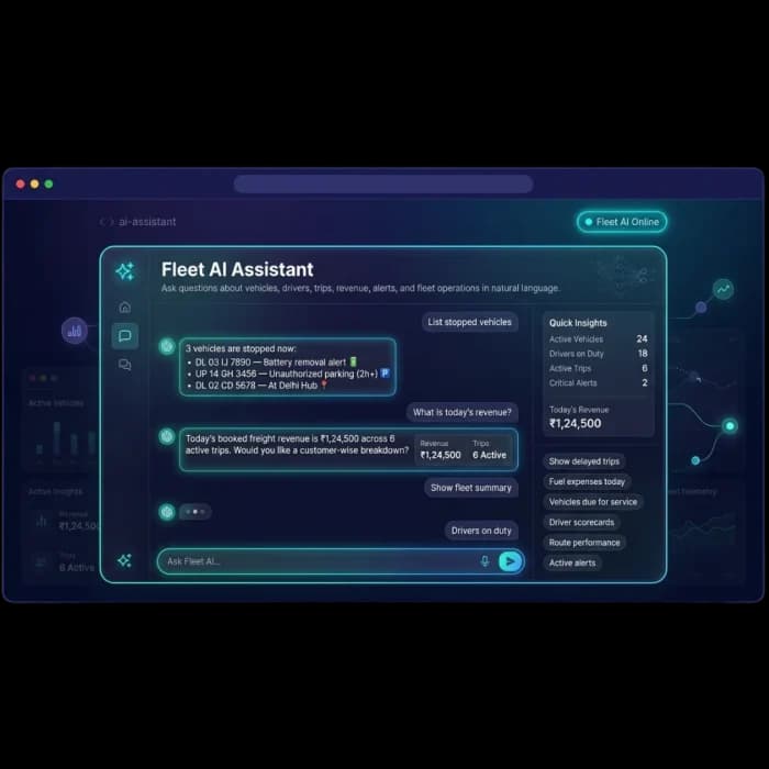 Fleet AI assistant chat listing stopped vehicles and today's freight revenue next to quick fleet insights