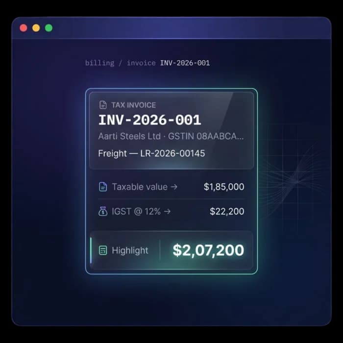 Tax invoice raised from an LR showing taxable freight value, IGST and invoice total