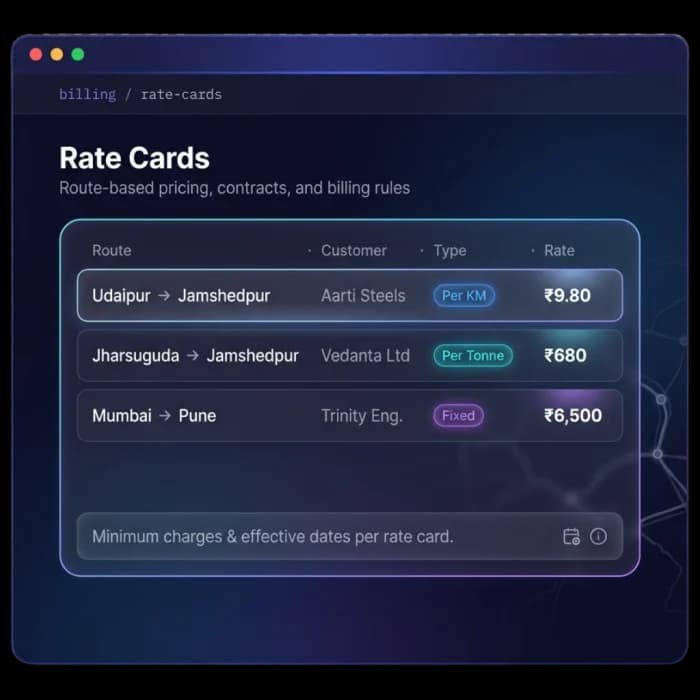 Customer rate cards with per-km, per-tonne and fixed freight rates by route