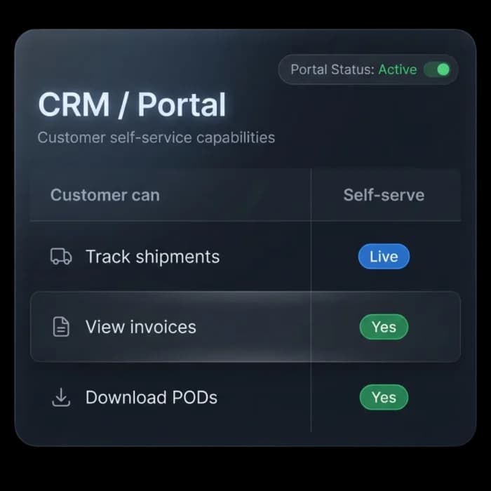 Customer portal settings letting customers track shipments, view invoices and download PODs