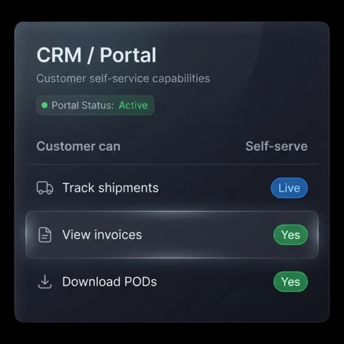 Customer self-service portal settings for tracking shipments, viewing invoices and downloading PODs