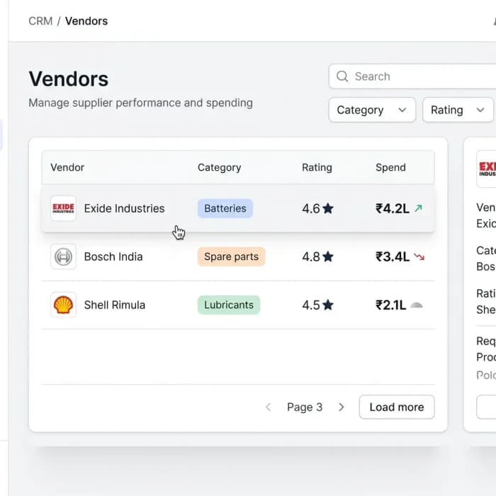 Vendor list showing category, rating and spend for battery, spare parts and lubricant suppliers