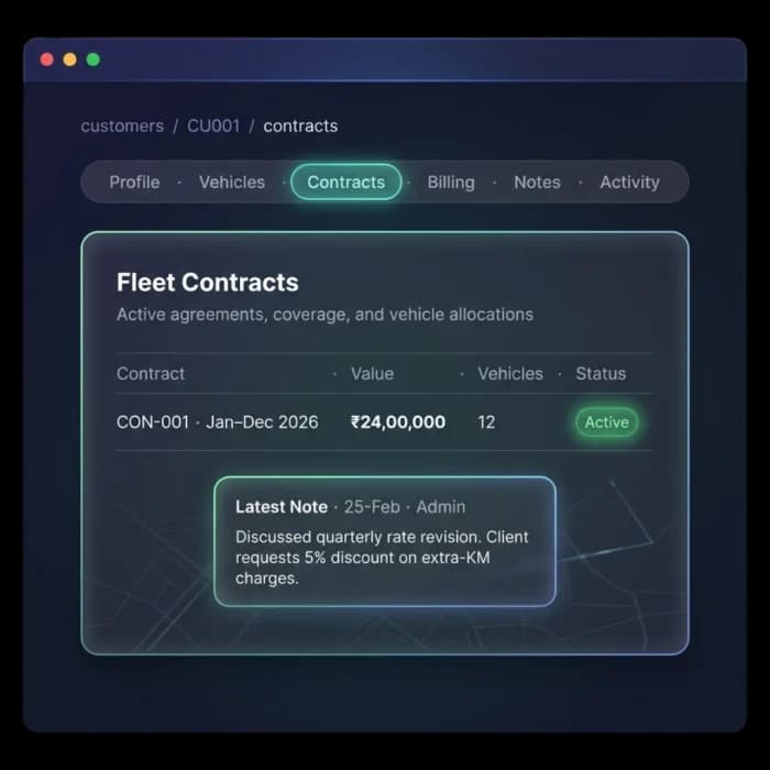 Customer contract showing contract value, allocated vehicles and a note on a rate revision