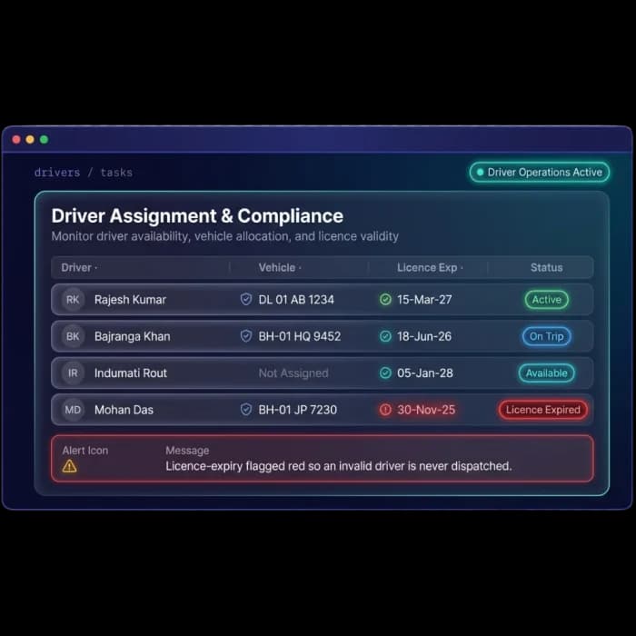 Driver assignment table showing assigned vehicles, licence expiry dates and an expired licence alert