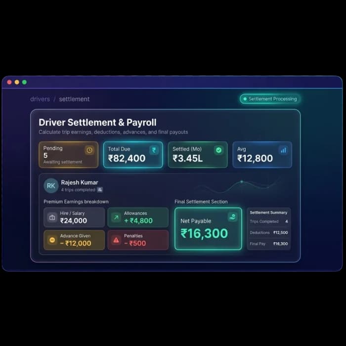 Driver settlement screen with salary, allowances, advance given, penalties and net payable