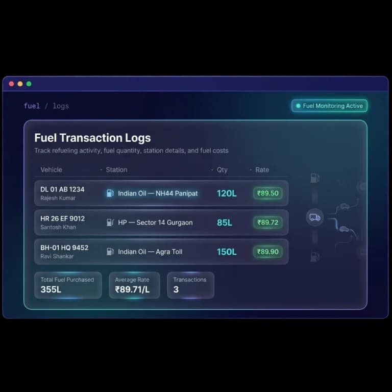 Fuel transaction log listing vehicle, driver, fuel station, litres and rate per litre