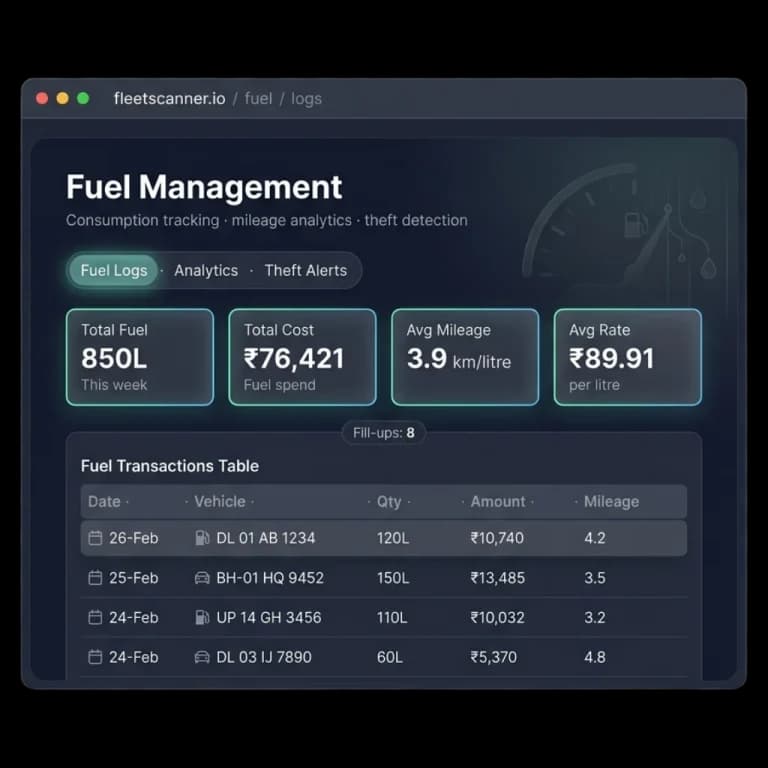 Fleet fuel management software dashboard showing weekly fuel, fuel cost, average mileage and fill-up log