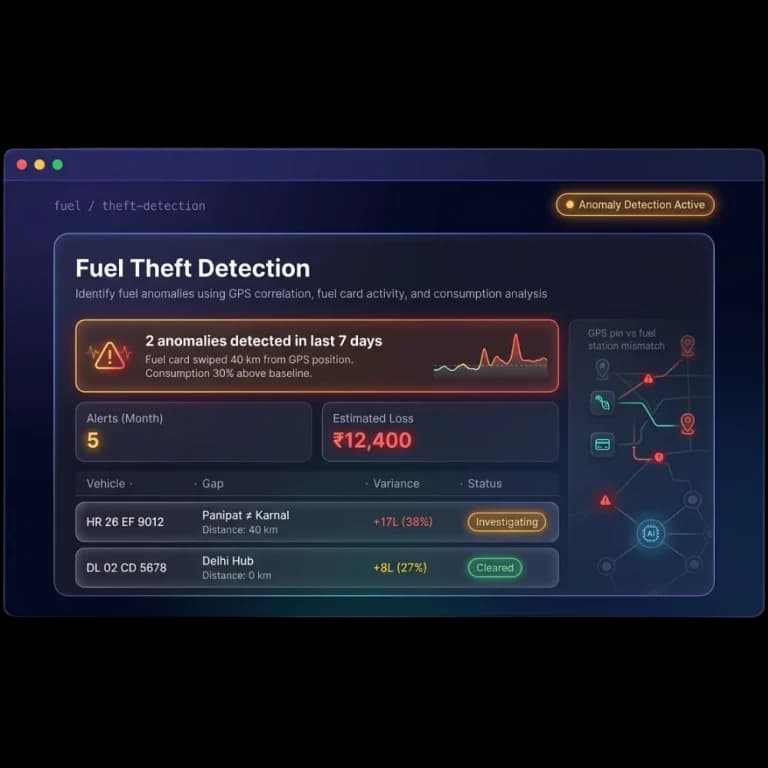 Fuel theft detection panel flagging fuel card use away from the GPS position, estimated loss and variance