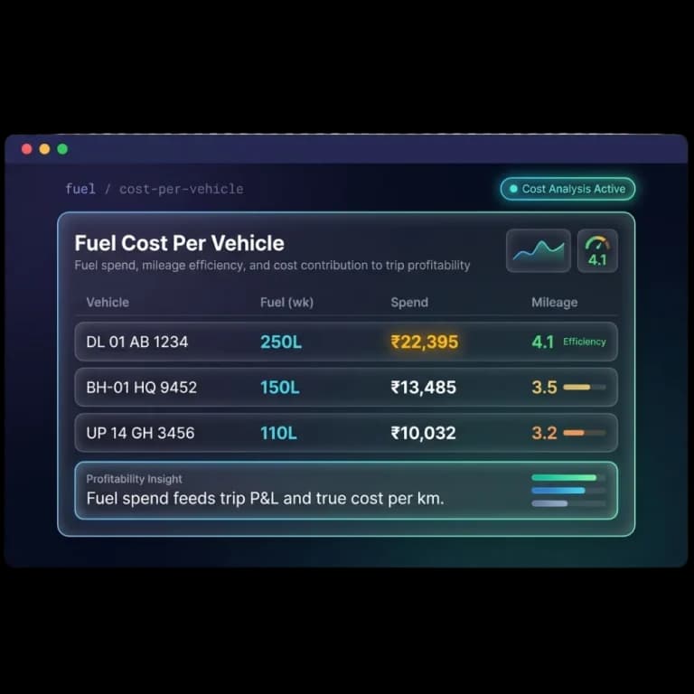 Fuel cost per vehicle table showing weekly litres, fuel spend and mileage
