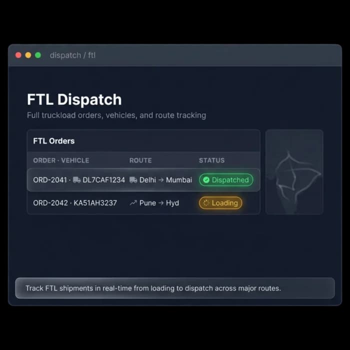 FTL dispatch list showing full truckload orders with vehicle, route and dispatch status