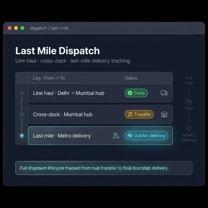 Last-mile dispatch tracking a shipment from line haul through a cross-dock hub to metro delivery