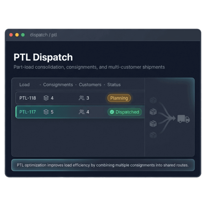 PTL dispatch table combining several consignments and customers into shared part-truckload runs