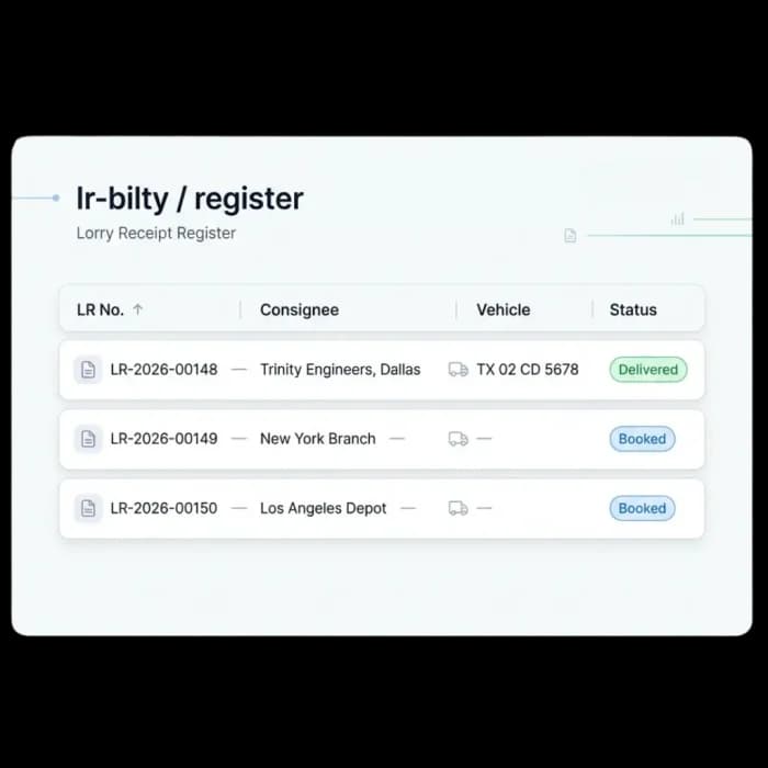 Lorry receipt register listing LR numbers, consignees, vehicles and booked or delivered status