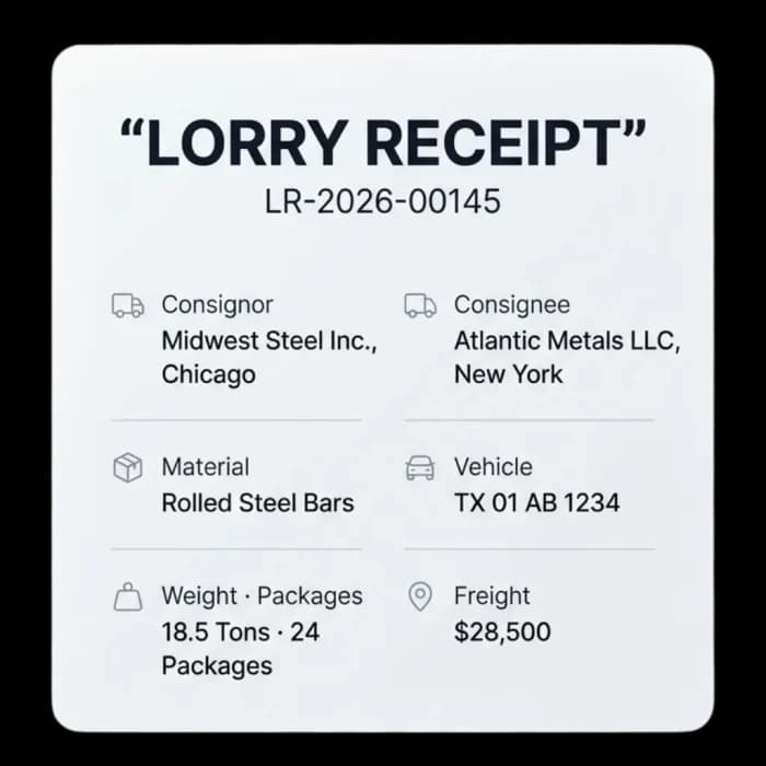 Digital lorry receipt showing consignor, consignee, material, vehicle, weight, packages and freight