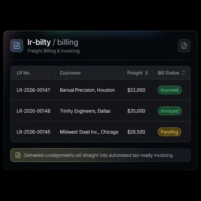 Freight billing list showing LR numbers, customers, freight amounts and invoiced or pending status