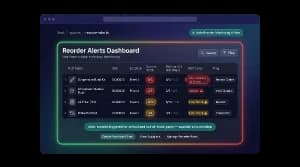 Reorder alerts dashboard flagging parts below their minimum stock level
