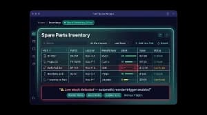 Spare parts inventory table with part, rack location, manufacturer, stock level and a low-stock reorder alert