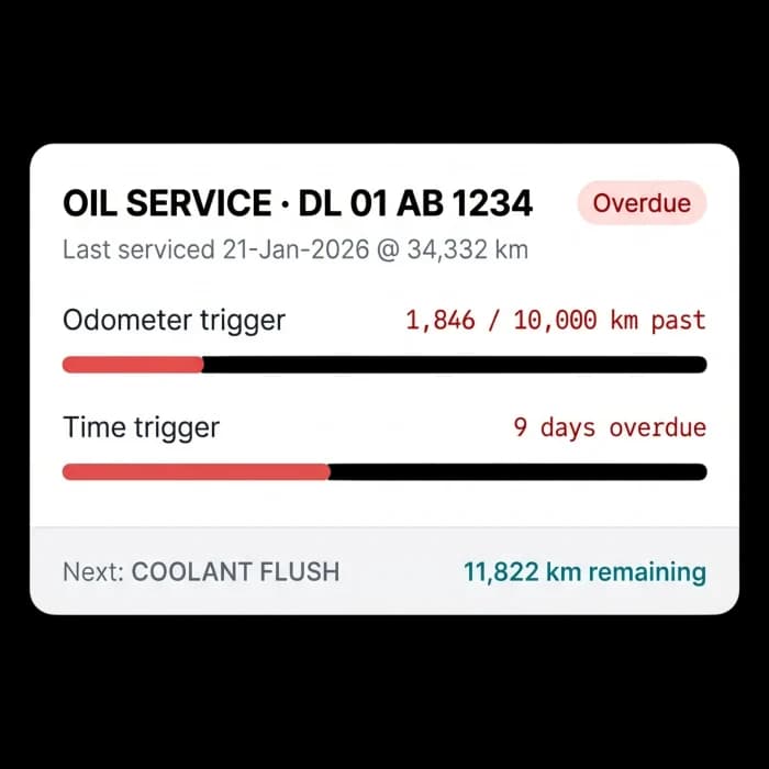 Oil service reminder with odometer and time triggers, last service date and next coolant flush due