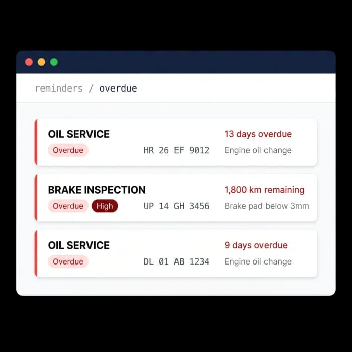 Overdue service list showing oil service and brake inspection reminders with days overdue or km remaining
