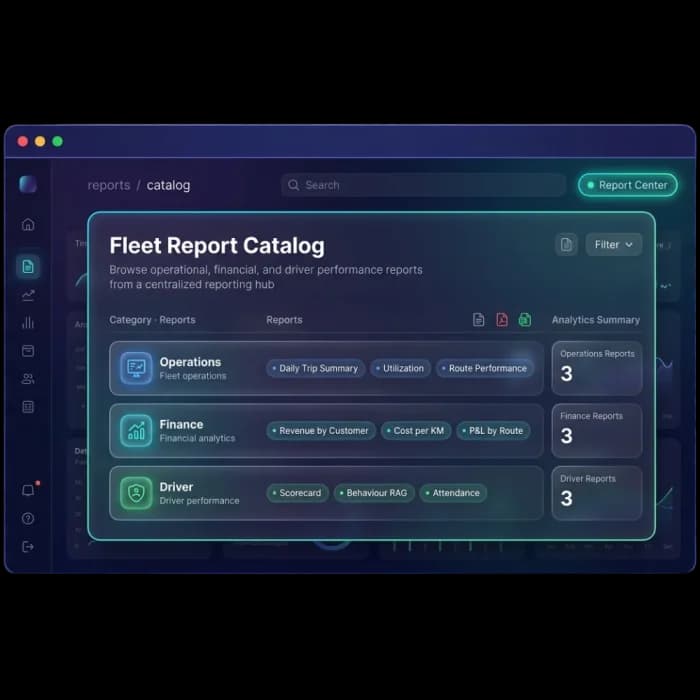 Fleet report catalogue grouping operations, finance and driver performance reports