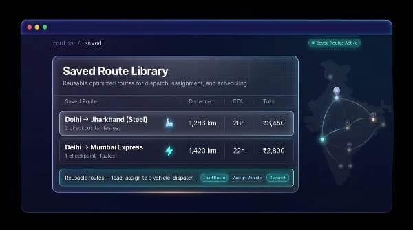 Saved route library listing reusable routes with distance, ETA and toll cost