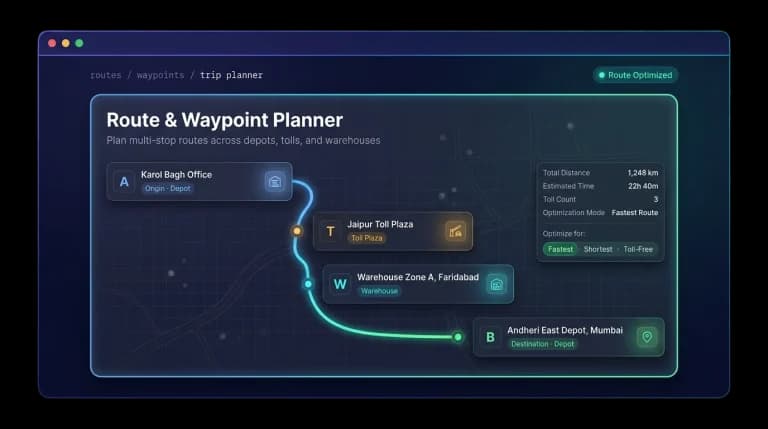 Route and waypoint planner building a multi-stop route from depot, toll plaza and warehouse waypoints