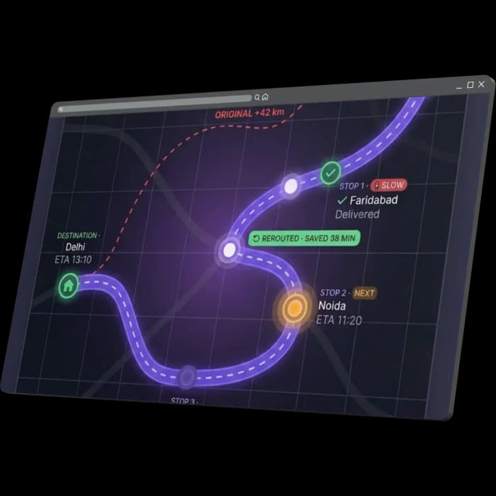 Route planning software map showing a multi-stop route rerouted around a slow stretch, with ETAs per stop