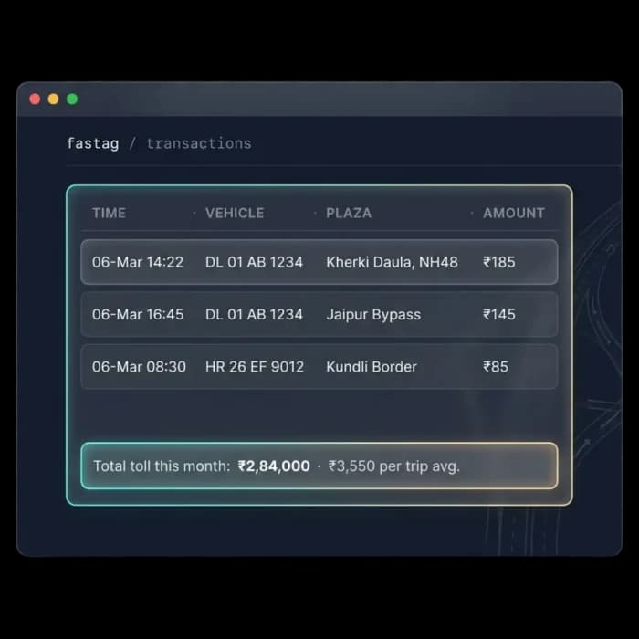 Live FASTag transactions listing time, vehicle number, toll plaza and amount