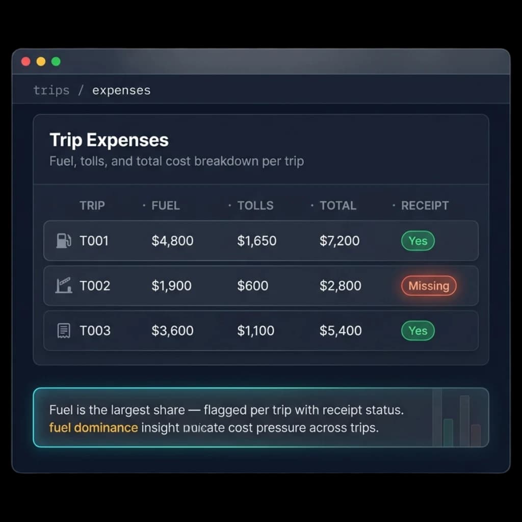 Trip expenses table breaking down fuel, tolls and total cost per trip with receipt status