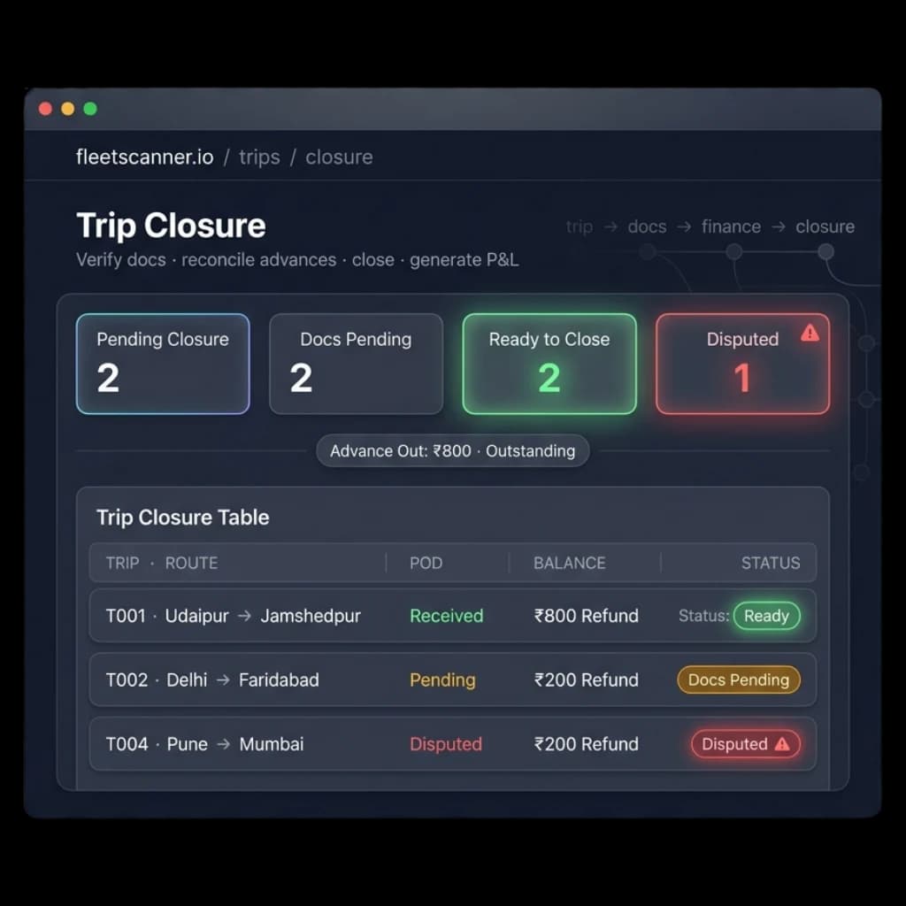 Trip closure screen listing trips by POD status, advance balance and ready, pending or disputed status