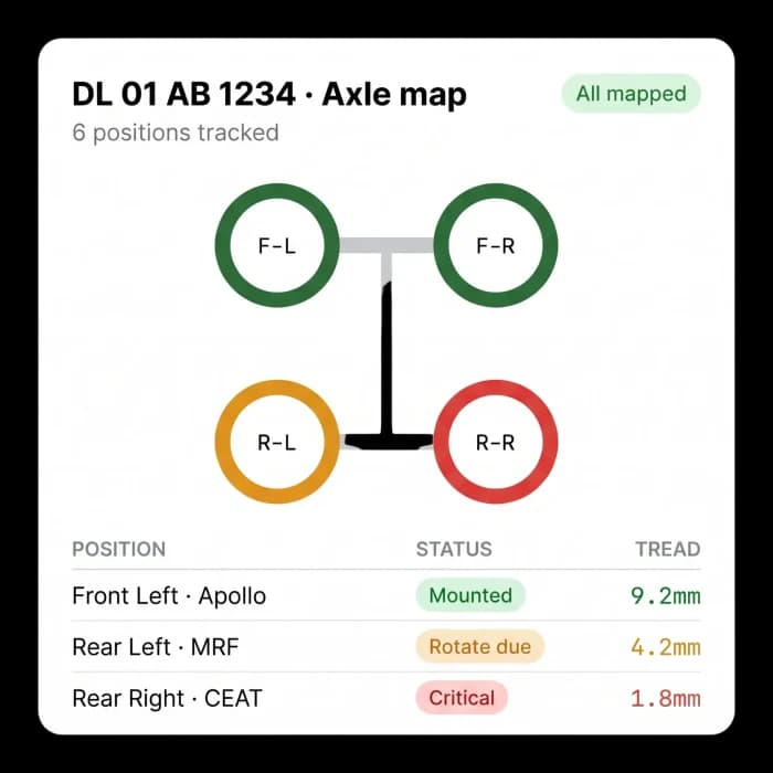 Axle map for a truck showing each tyre position with brand, status and tread depth