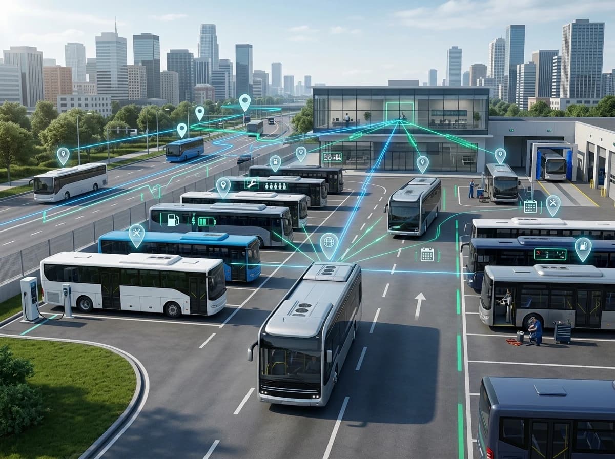 Bus fleet management software view of a connected depot with buses on route, charging, servicing and in the wash bay