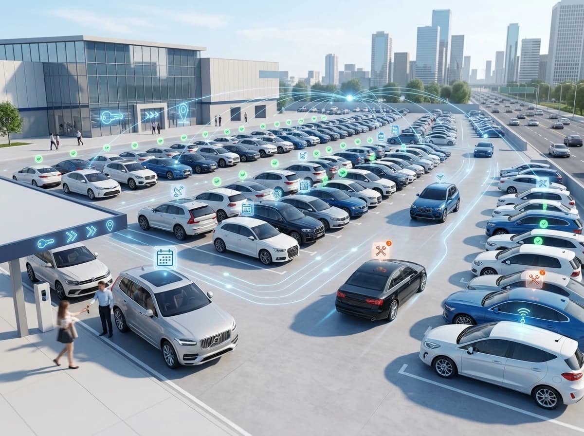 Car rental fleet software view of a rental lot with connected cars, a key handover and service alerts on some vehicles