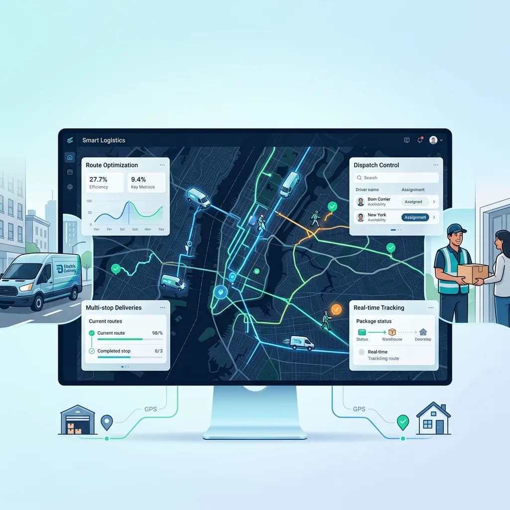 Delivery management system dashboard with route optimization, dispatch control, live van routes and a parcel handover