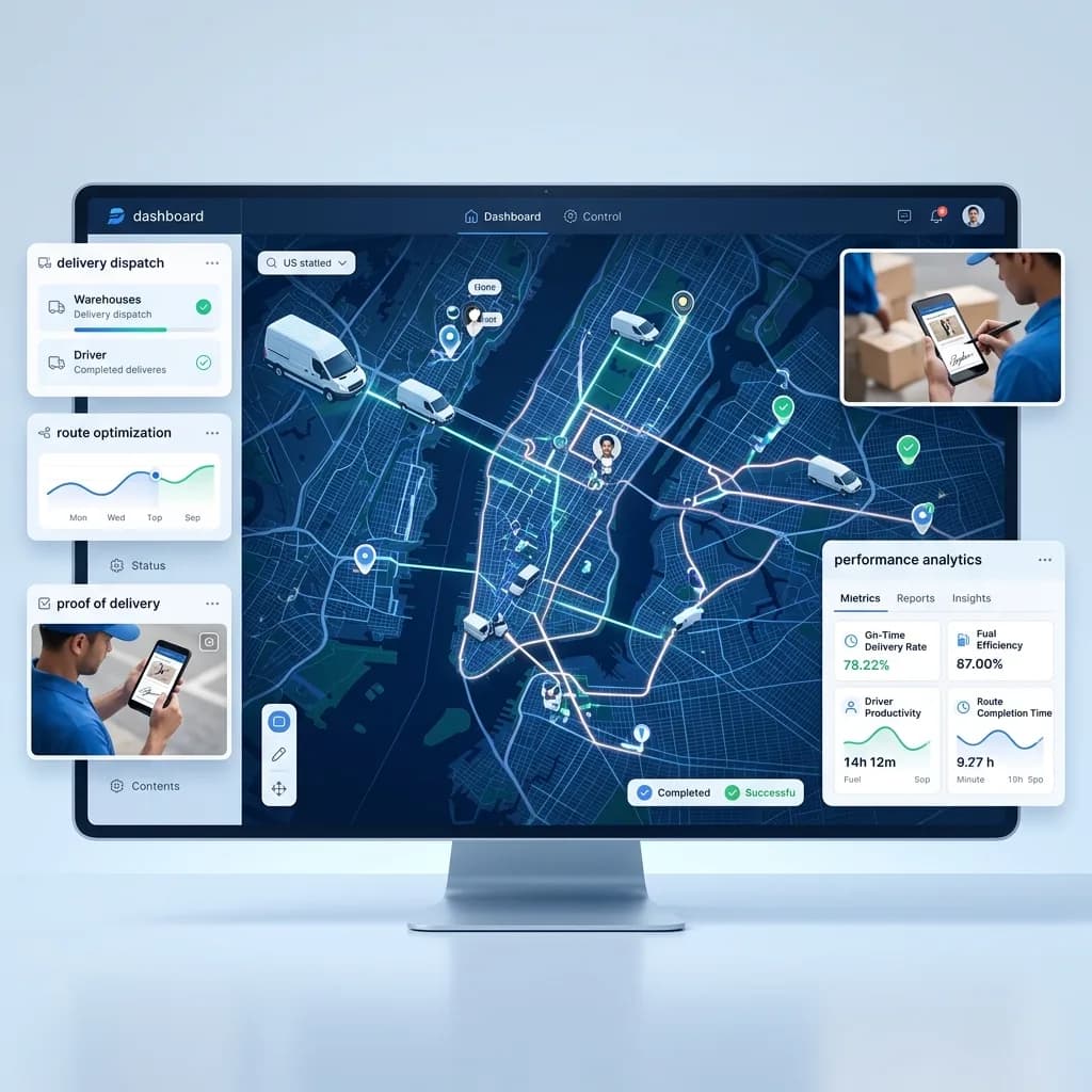 Delivery dispatch dashboard with van routes on a city map, signed proof of delivery and driver performance metrics