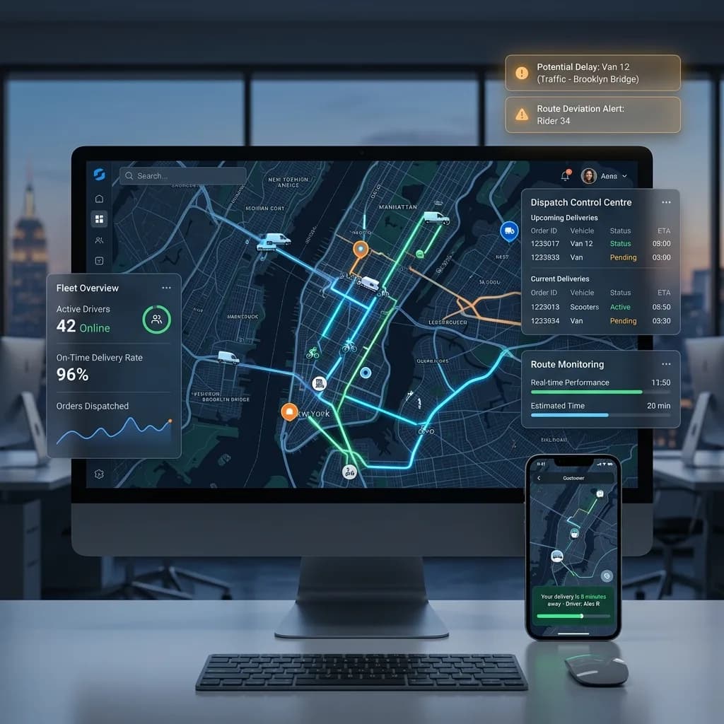 Live delivery map with vans and riders, on-time rate, dispatch queue and customer app showing minutes to arrival
