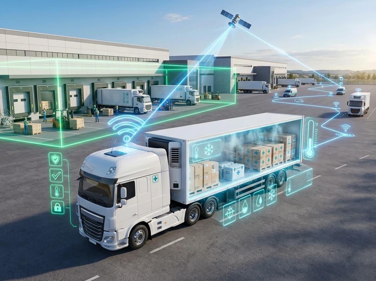 Pharmaceutical cold chain tracking software monitoring temperature inside a reefer truck loaded with medicine boxes