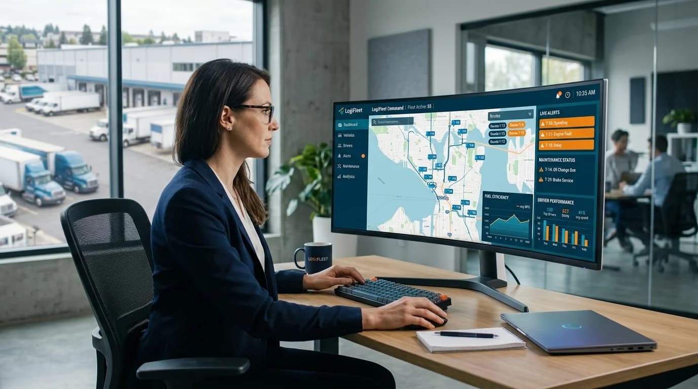 What is fleet management software, shown by a manager viewing a live vehicle map, alerts and driver performance charts