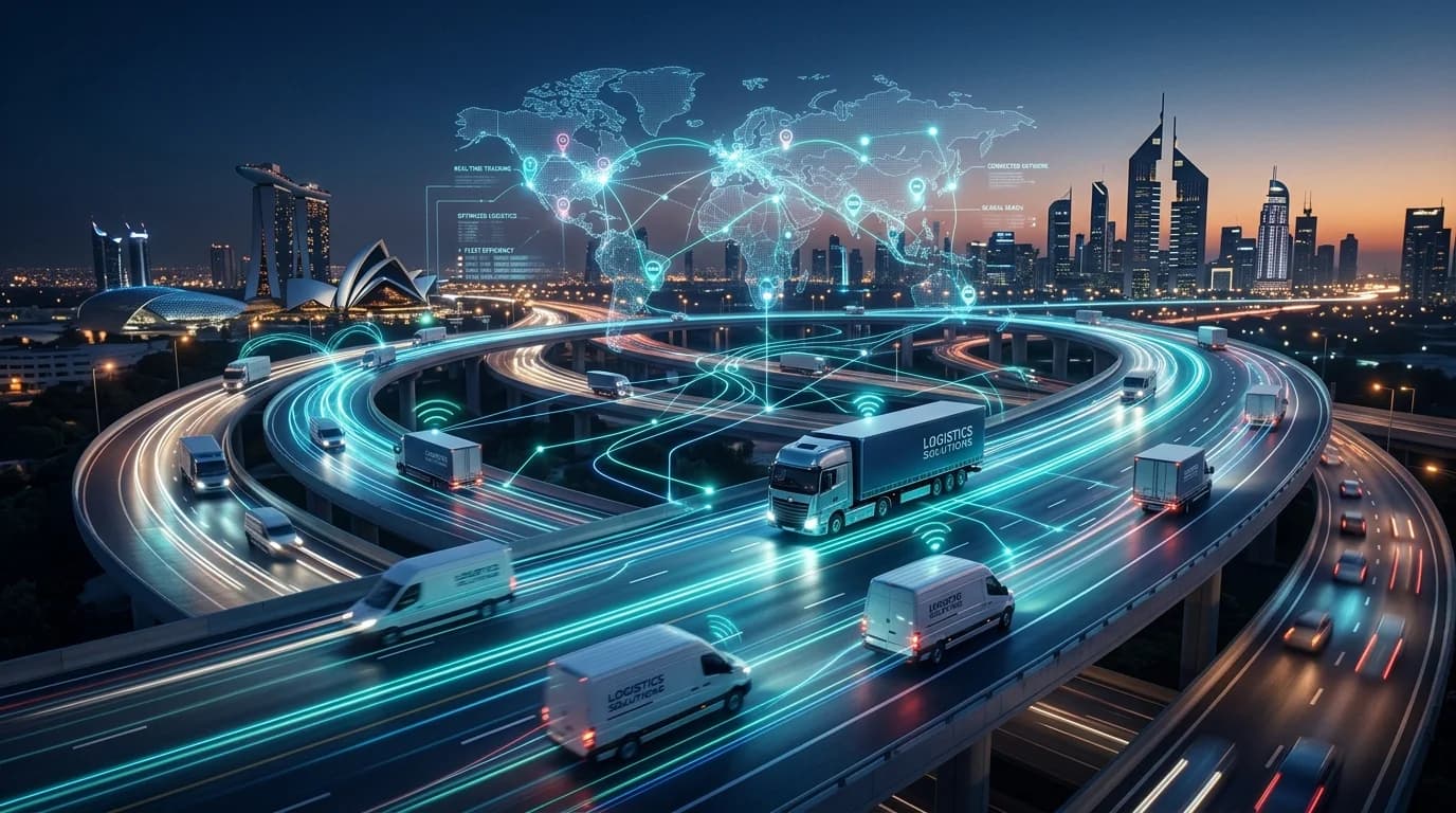 GPS Fleet Management illustrated by trucks and vans on a night highway interchange linked to a glowing world map